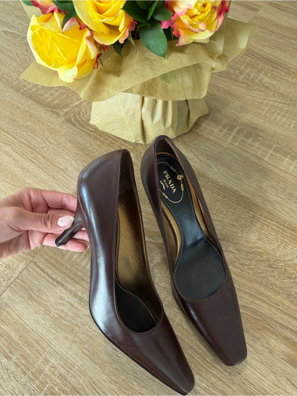Prada Women's Dark Brown Leather Square-Toe Pumps - Picture 2 of 6